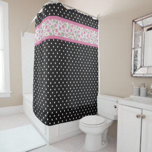 Pink Roses And Black And White Polka Dots Shower Curtain