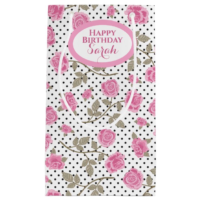 Pink Roses and Black Polka Dots Monogrammed Small Gift Bag (Front)