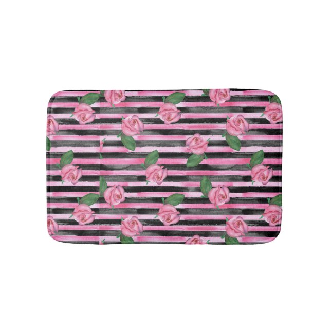 Pink Roses and Black Stripes Bath Rug (Front)