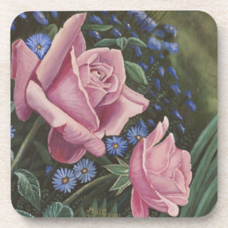 Pink Roses And Blue Flowers Coasters