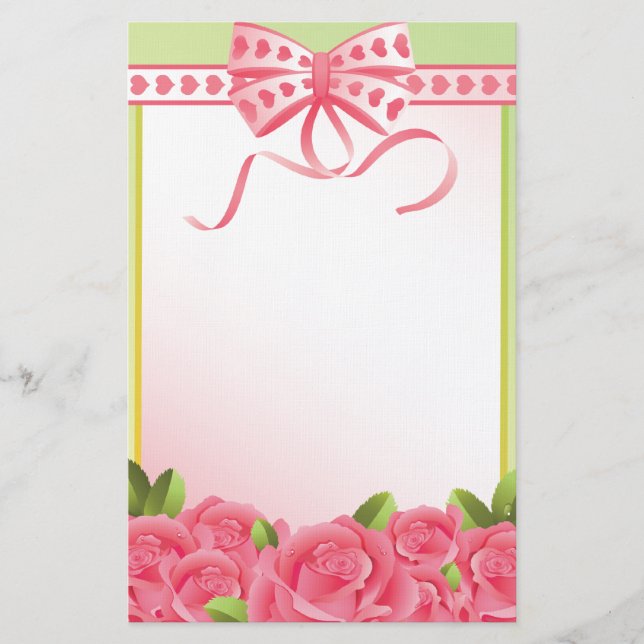 Pink Roses and Bow Stationary Stationery (Front)