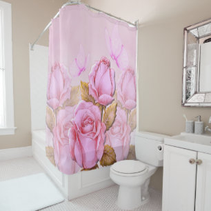 Pink Roses and Butterflies Print Shower Curtain