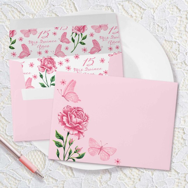 Pink Roses and Butterflies Quinceañera Birthday Envelope (Pink Roses and Butterflies Quinceañera Birthday Envelope)