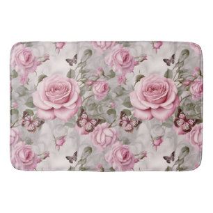 Pink Roses and Butterflies Watercolor Bath Mat