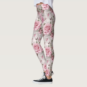 Pink Roses and Butterflies Watercolor  Leggings