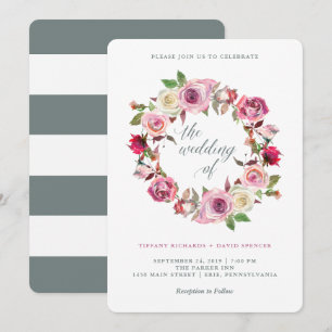 Pink Roses and Chic Grey Stripes Wedding Wreath Invitation