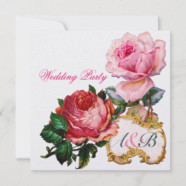 PINK ROSES AND CUPID LACE HEART  WEDDING  MONOGRAM INVITATION (Front)