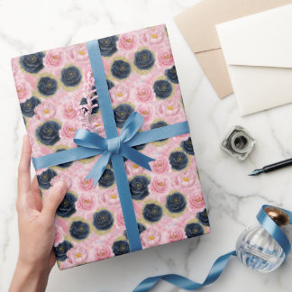 Pink Roses And Dark Blue Faux Glitter Wrapping Paper