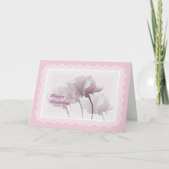 Pink Roses and Digital Lace Birthday Card (Front)