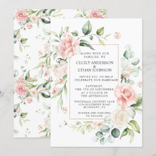 Pink Roses and Eucalyptus Frame Floral Wedding Invitation