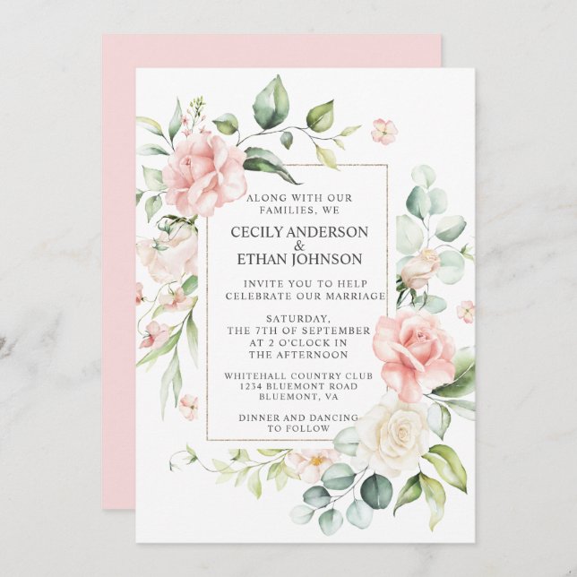 Pink Roses and Eucalyptus Frame Pink Back Wedding Invitation (Front/Back)