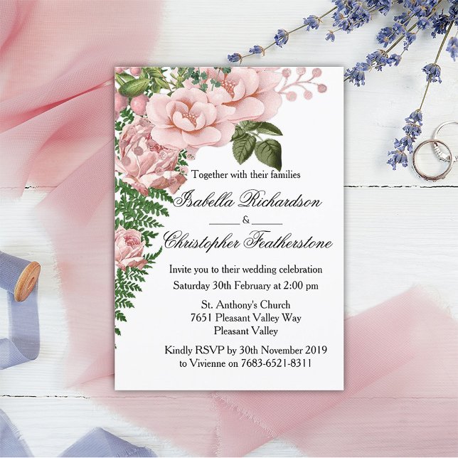 Pink Roses and Ferns Wedding Invitation (Creator Uploaded)
