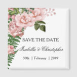 Pink Roses and Ferns Wedding Save the Date Magnet<br><div class="desc">This pretty save the date magnet features a lovely floral design featuring a bunch of pink roses in the left corner, contrasted by green rose petals and leaves and large fern leaves. The details can be easily customised as needed. This pink save the date keepsake is part of a larger...</div>