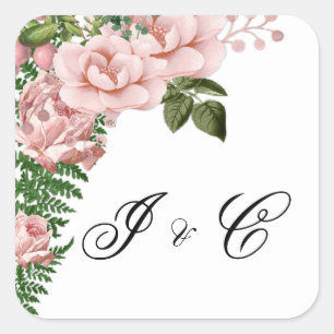 Pink Roses and Ferns Wedding Square Sticker
