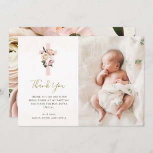 Pink Roses and Ferns with Photo   Gold Baptism Thank You Card