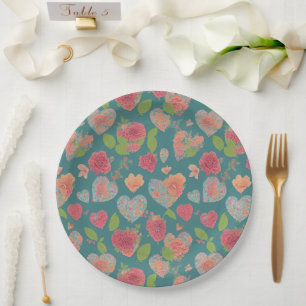 Pink Roses And Floral Hearts On Teal Background Paper Plate