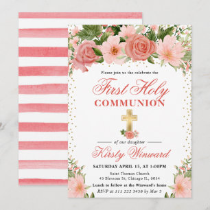 Pink Roses and Flowers First Holy Communion Invitation