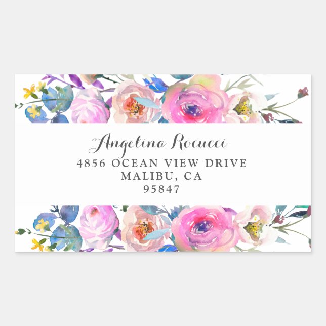 Pink Roses and Flowers with Pink Stripes Rectangular Sticker (Front)