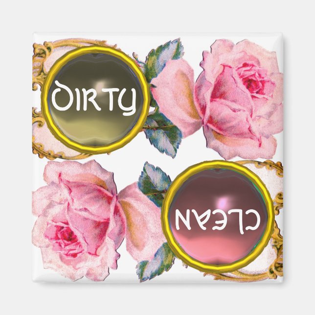PINK ROSES AND GEM STONES DIRTY CLEAN DISHWASHER MAGNET (Front)