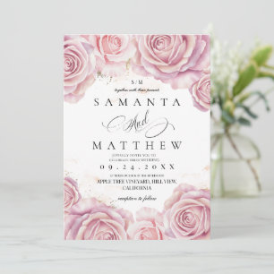 Pink Roses and Gold Dust Elegant Flower Wedding Invitation