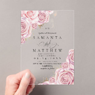 Pink Roses and Gold Dusty Elegant Flower Wedding Acrylic Invitations