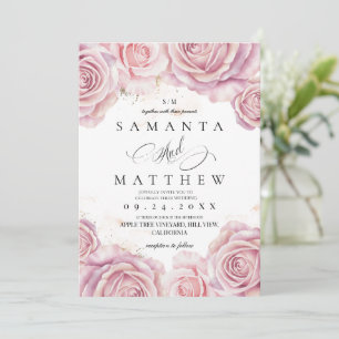 Pink Roses and Gold Dusty Elegant Flower Wedding  Invitation