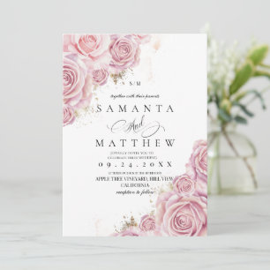 Pink Roses and Gold Dusty Elegant Flower Wedding  Invitation