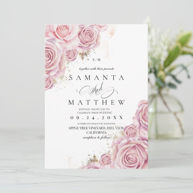 Pink Roses and Gold Dusty Elegant Flower Wedding  Invitation (Standing Front)