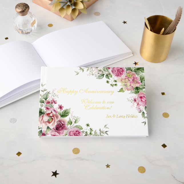 Pink Roses and Gold Foil Anniversary Guest Book (Front Open)