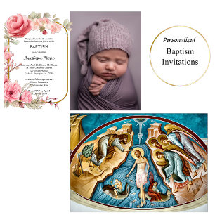 Pink Roses and Gold Frame Orthodox Baptism Invitation