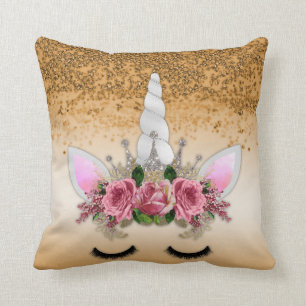 Pink Roses and Gold Glitter Unicorn Cushion
