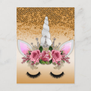 Pink Roses and Gold Glitter Unicorn Postcard