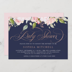 Pink Roses and Gold Script   Navy Baby Shower Invitation