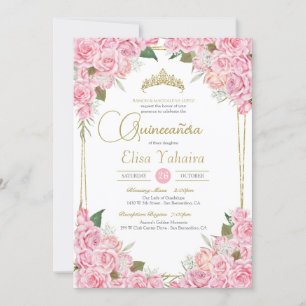 Pink Roses and Gold Tiara Floral Quinceanera  Invitation