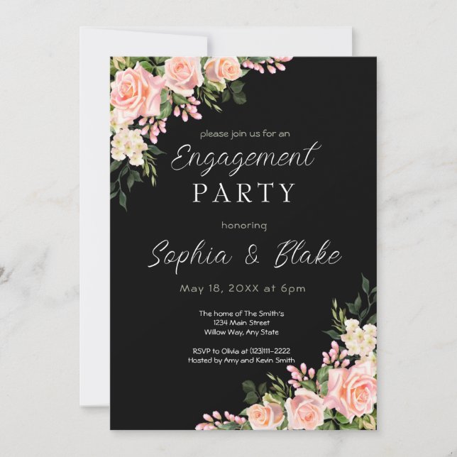 Pink Roses and Greenery | Black Engagement Party Invitation (Front)