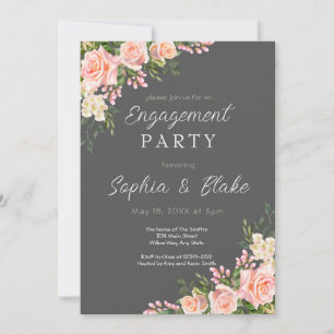 Pink Roses and Greenery Grey Engagement Party Invitation
