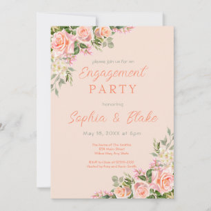 Pink Roses and Greenery   Peach Engagement Party Invitation