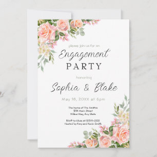 Pink Roses and Greenery   White Engagement Party  Invitation
