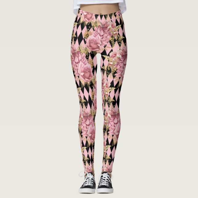 Pink Roses and Harlequin Leggings (Front)