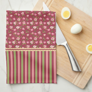 Pink roses and hearts tea towel