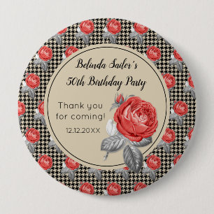 Pink roses and houndstooth Happy Birthday 10 Cm Round Badge