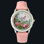 PINK ROSES AND JASMINES,FLORAL MONOGRAM WATCH<br><div class="desc">Elegant , colourful, romantic vintage style floral design
Red, pink roses, green leaves, white jasmines by BALDESIGN3D.</div>