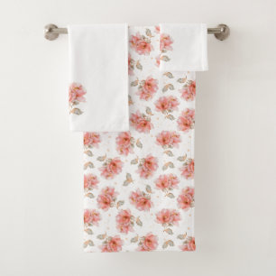 Pink Roses and Leaves Bath Towel Set