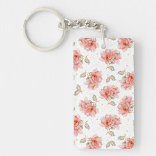 Pink Roses and Leaves Key Ring