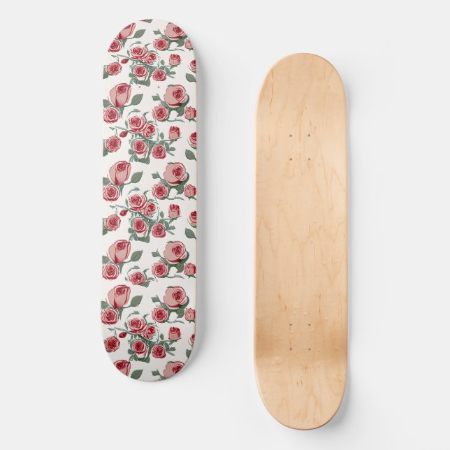 Pink Roses and Leaves Pattern Skateboard (Front)