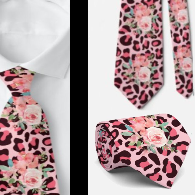 Pink Roses and Leopard Print Punk Rock Neck Tie (Creator Uploaded)
