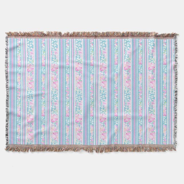Pink Roses and Matching Stripes Throw Blanket (Front)