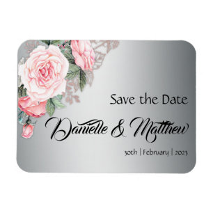 Pink Roses and Metallic Silver Save the Date Magnet