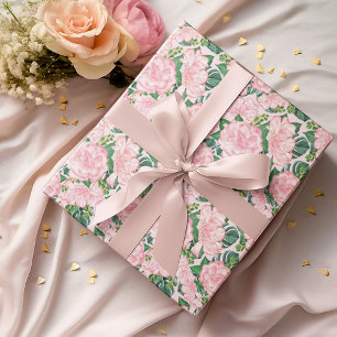 Pink Roses and Monstera Leaves Floral Wrapping Paper