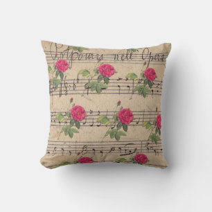 Pink Roses and Music Sheet Throw Pillow